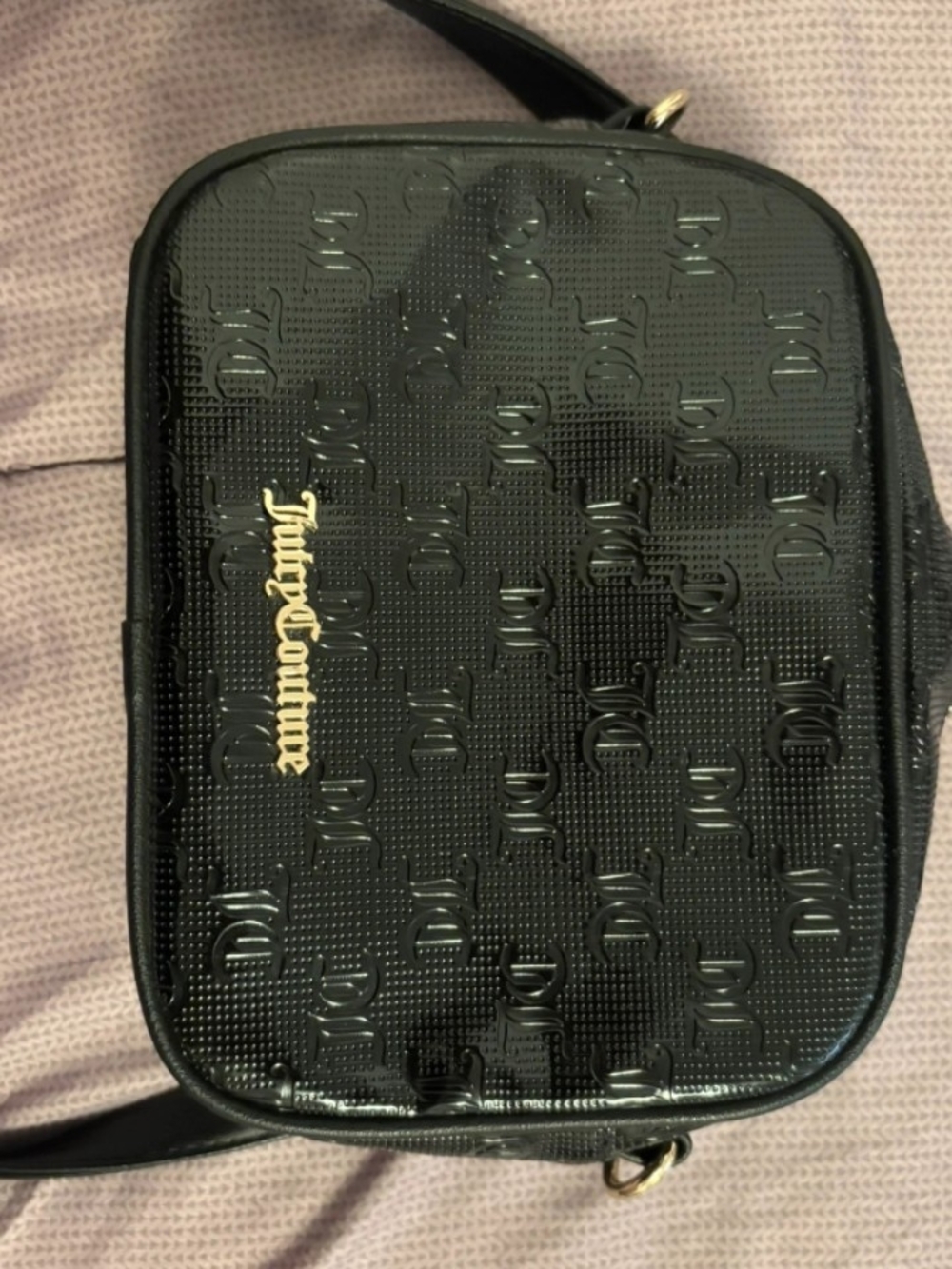 Juicy Couture Black Patent Embossed Messenger Bag with Gold Logo